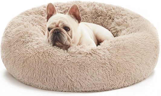 Calming Cat Bed for Indoor Cats,Anti-Anxiety Donut round Dog Bed,Fluffy Faux Fur Washable Pet Bed for Small Medium Dogs and Cats,Taupe,24In