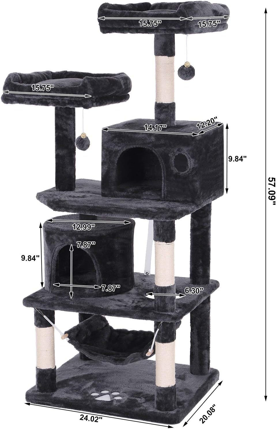 Cat Tree Condo Tower Kitten Furniture Activity Center Pet Kitty Play House with Sisal Scratching Posts Perches Hammock Grey MMJ01B